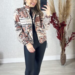 CASAQUETE ESTAMPADO FLORAL AZUL E MARROM